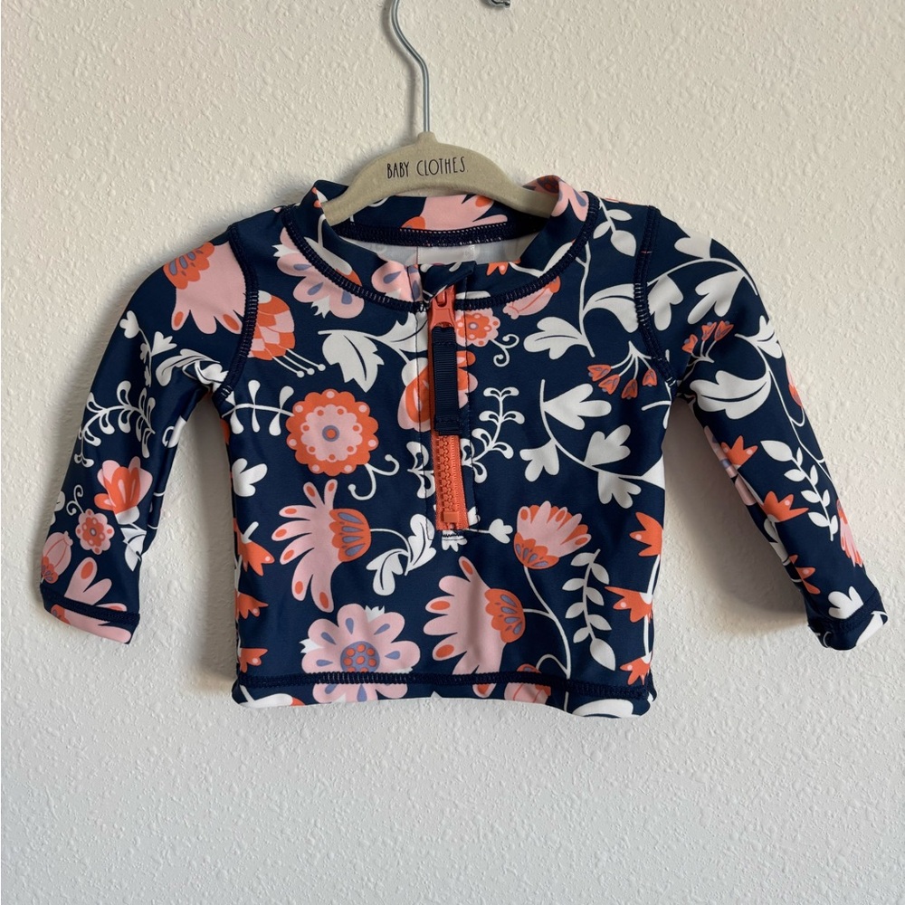 Ruffle Butts Navy and Coral Floral Baby Rash Guard